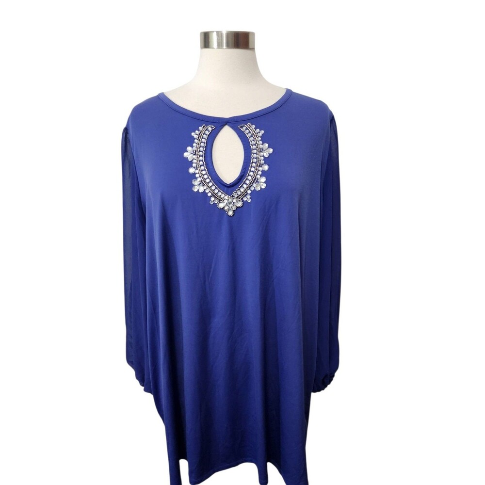Roaman's 26/28 2X Top Blue Rhinestone Beads Tunic LS Stretch Knit Cutout